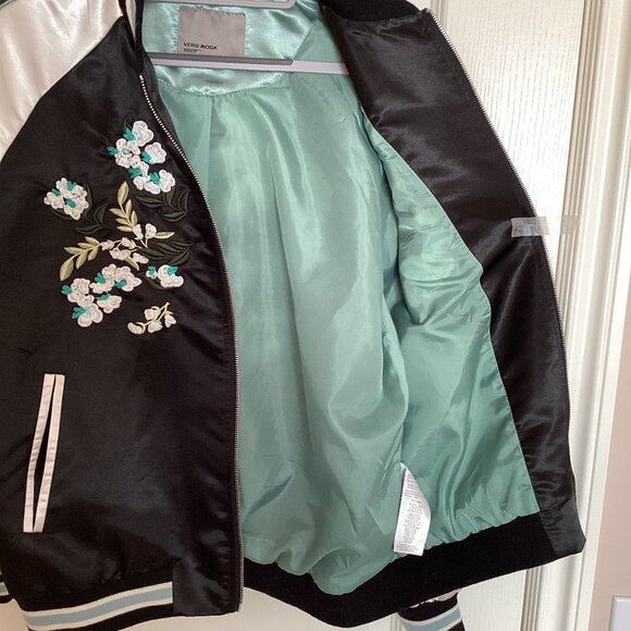 Vero Moda Women's Embroidered Bomber Jacket Size L Satin Feel Floral Lined - Picture 6 of 12